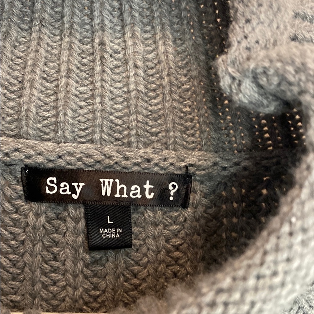 Say What? Size Large Gray Knit Sweater Top with Denim Sleeves - Picture 2 of 9